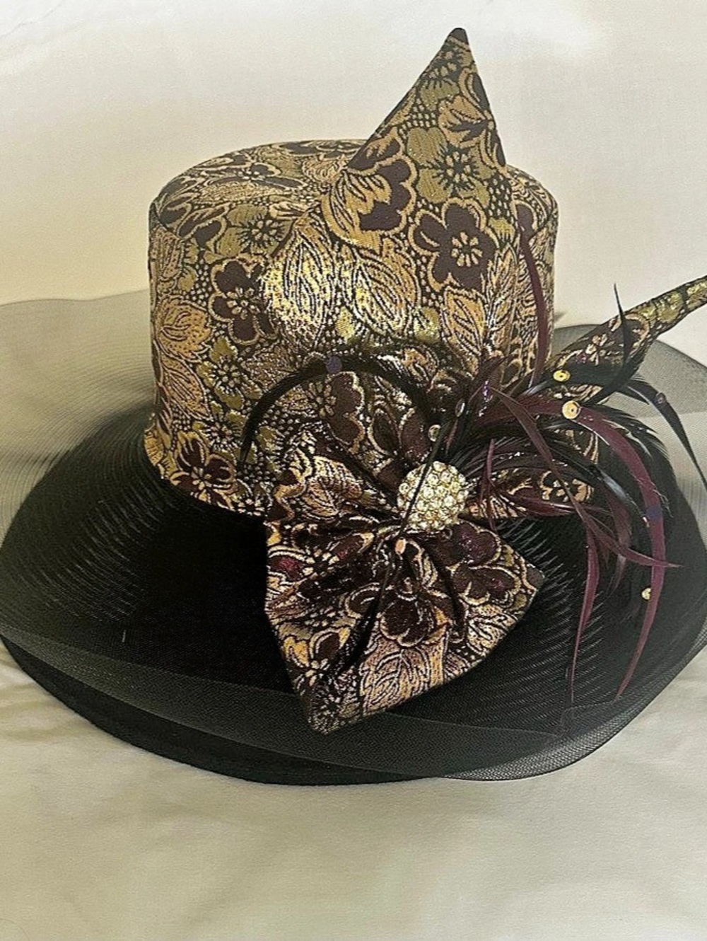 Whitehall & Shon S 22 Floral Wide Brim Hat in Black & Gold NWT